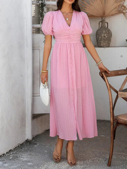 Ruched Pink Midi Summer Dress Puff Sleeve