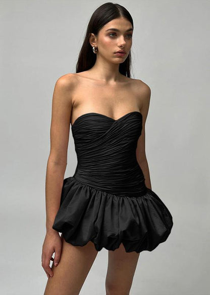 Strapless Sweetheart Ruched Bodice Bubble Hem Satin Mini Dress