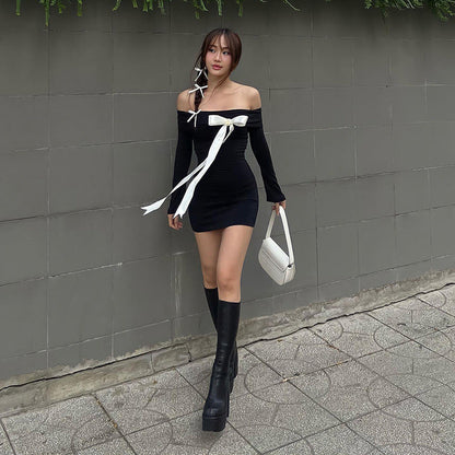 Long Sleeve off Shoulder Bow Sheath Dress