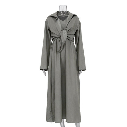 Loose Fitting Long Sleeves Shirt Vest Maxi Dress Two Piece Shirt Skirt Set