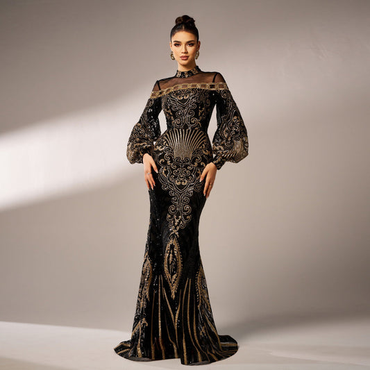 Long Sleeve round Neck Long Sequined Cocktail Mesh Fishtail Evening Dress Bridesmaid Dress