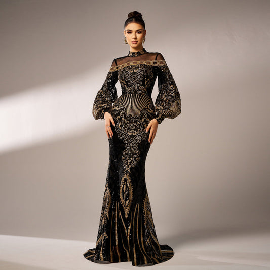 Long Sleeve round Neck Long Sequined Cocktail Mesh Fishtail Evening Dress Bridesmaid Dress