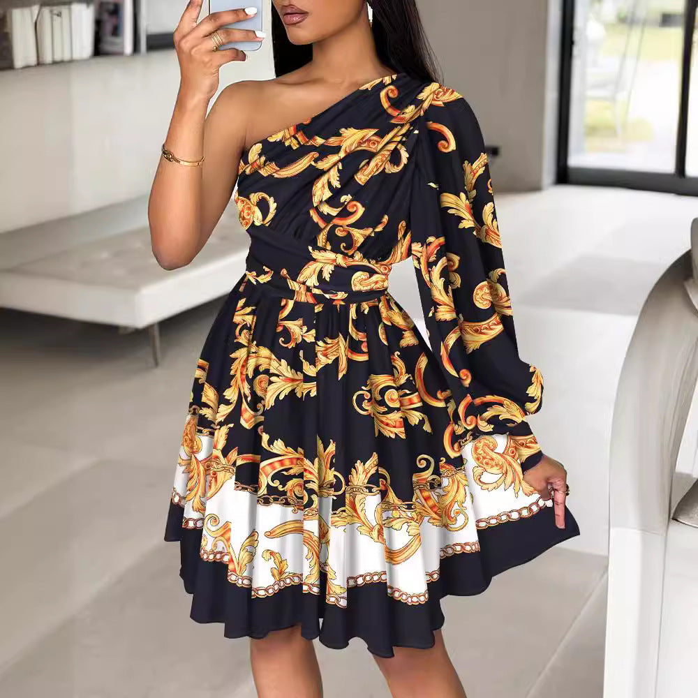 Asymmetric One-Shoulder Baroque Print Balloon Sleeve Skater Mini Dress