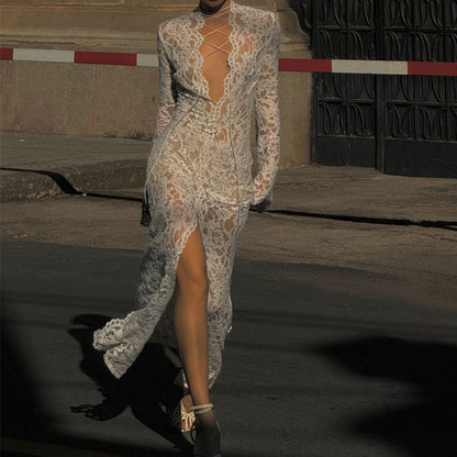 Garcelle Floral Lace Lace-up Long Bell Sleeve Slit Midi Dress
