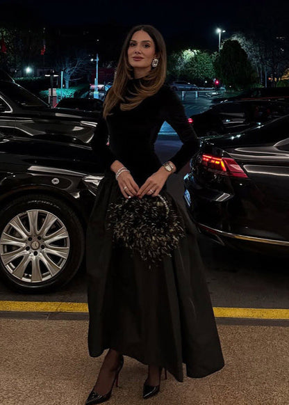 Turtleneck Long Sleeve Velvet Top and Gathered Taffeta Midi Skirt Set