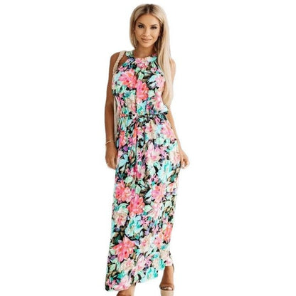 Tropical Leaf Print Halter Tie-Waist Belted Maxi Dress