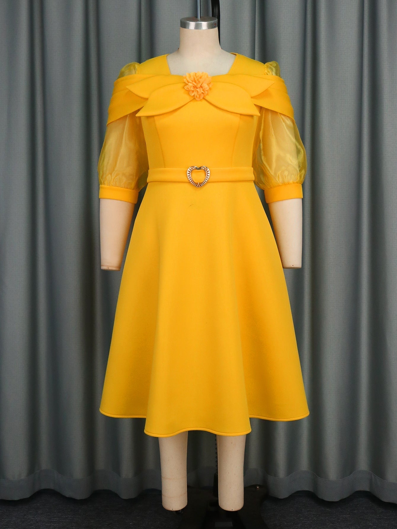 Bow See through Lantern Sleeve Dress Party Gathering Waist A line Dress
