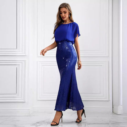 Retro Chiffon Stitching Sequ Dress Evening Dress