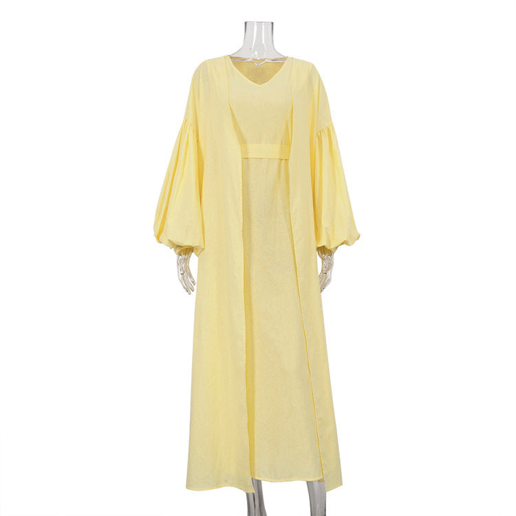 Casual Vest Dress Puff Sleeve Solid Color Robe Suit Two Piece Set