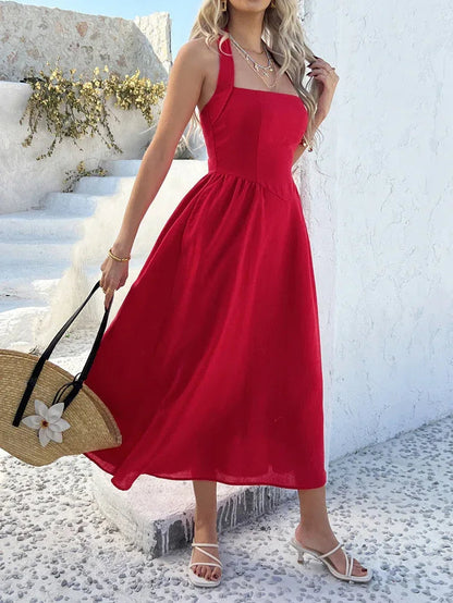Red Maxi Dress with Halter Neckline and Backless Fit