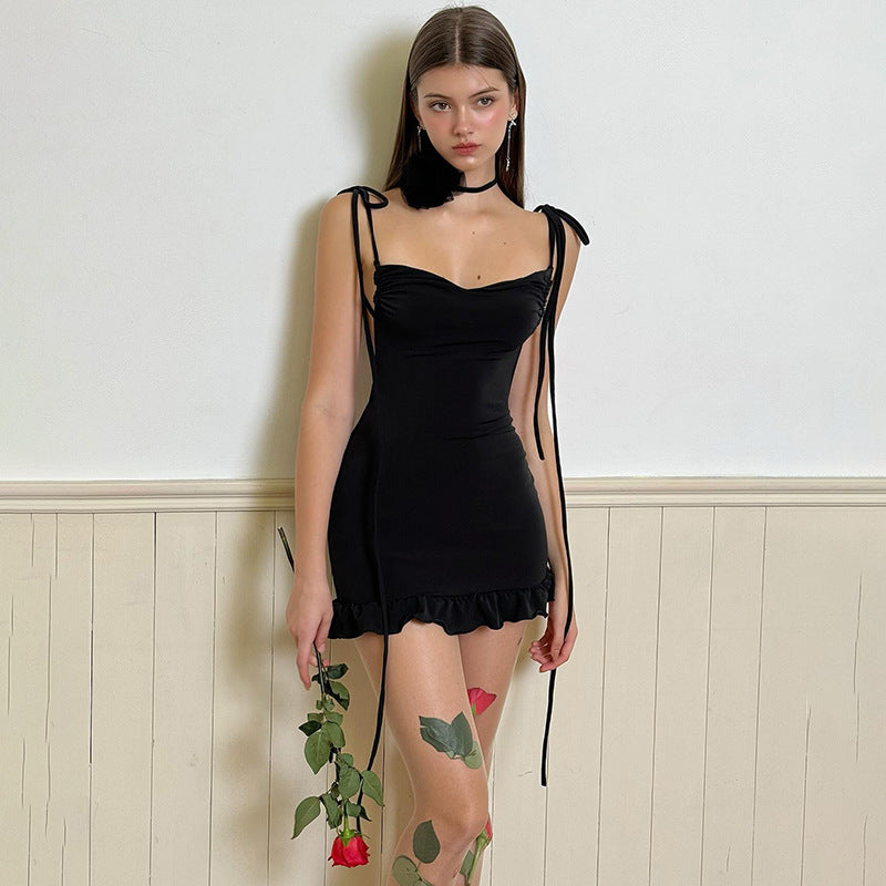 Ruched Bust Tie Shoulder Strap Side Cutout Rosette Choker Mini Dress