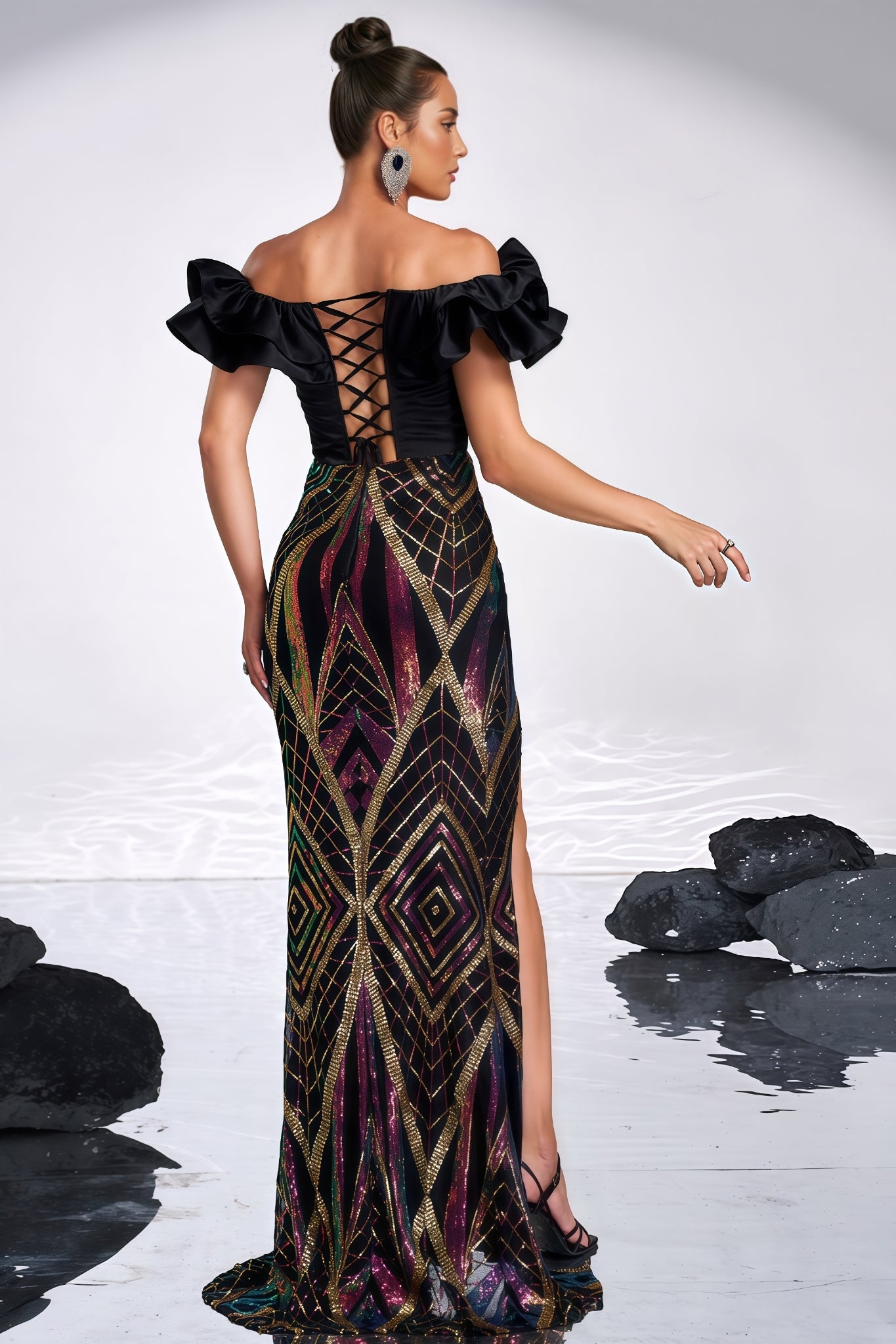Rebekah Black Sequined Slit Maxi Dress