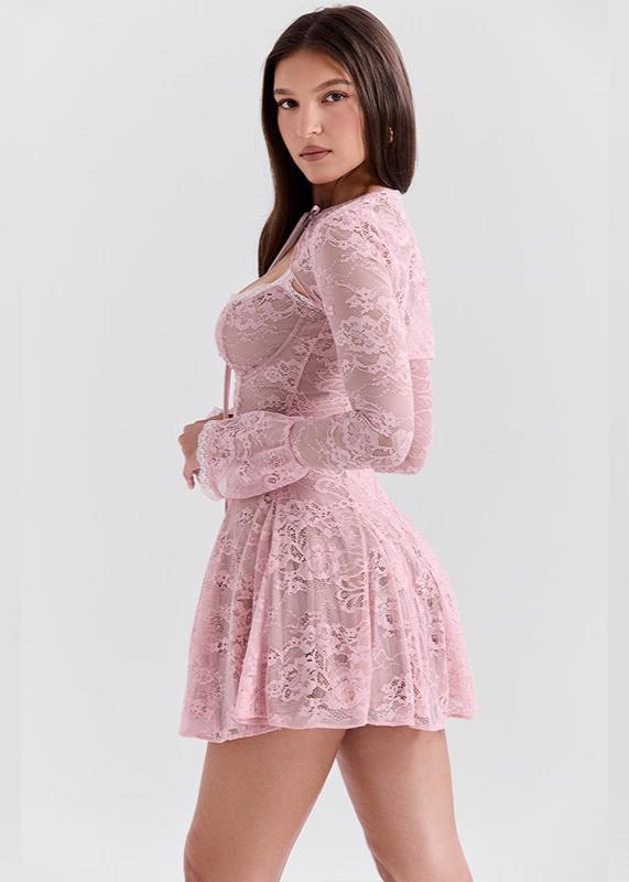 Floral Lace Corset Lace-Up Bell Sleeve Bolero Mini Dress Set