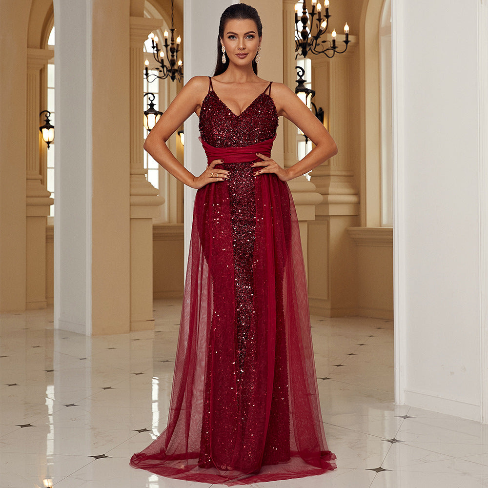 Sleeveless Elegant Long Sequined Lace V neck Backless Cocktail Evening Bridesmaid Maxi