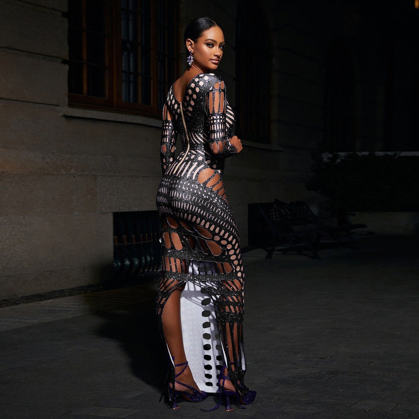 Ripped Skinny Sheath Dress Rhinestone Printed Dress