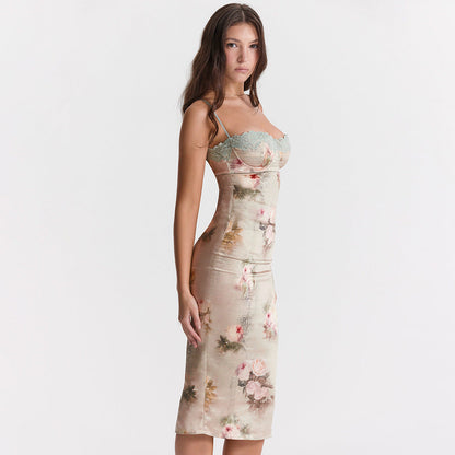 Lace Cami Dress Backless Sheath High Waist Midi Dress Printed Dress for