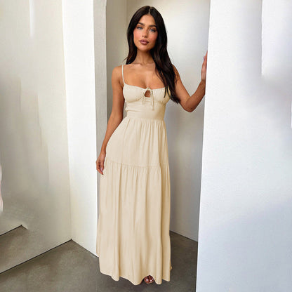Spaghetti Strap Tie-Front Ruched Bust Tiered Column Maxi Dress