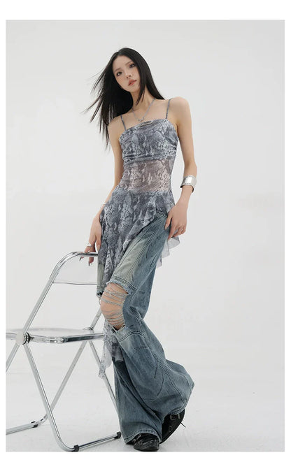 Vintage Distressed And Dirt-Dyed Patchwork Wide-Leg Jeans