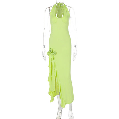 Deep V Plunge Lace Up Halterneck Floral Decoration Slim Fit