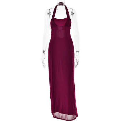 Halter Stitched Backless Slim Fit Sheath Dress