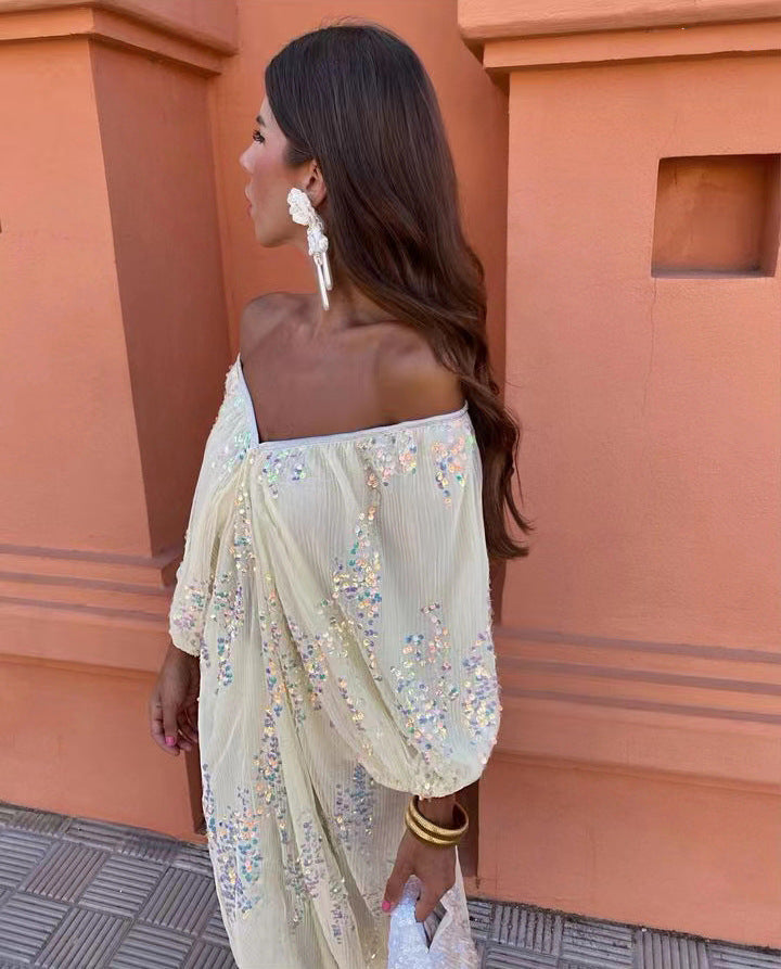 Off Shoulder Balloon Sleeve Sequin Deep V-Neck Maxi Dress