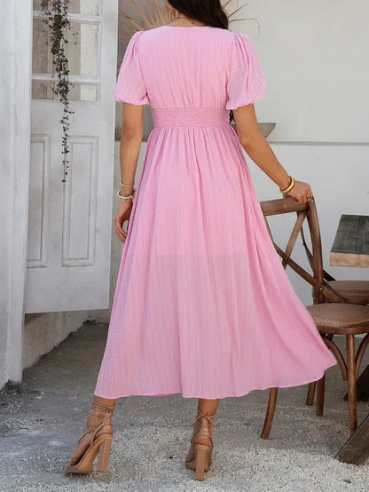 Ruched Pink Midi Summer Dress Puff Sleeve