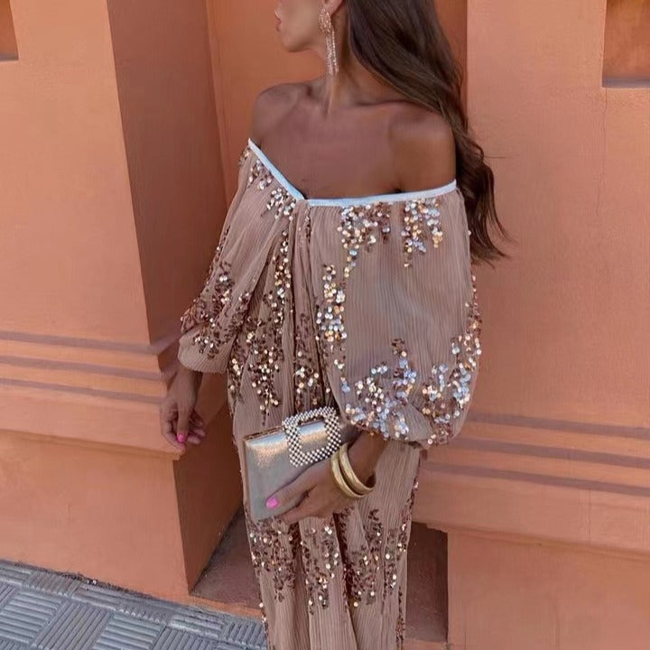 Off Shoulder Balloon Sleeve Sequin Deep V-Neck Maxi Dress