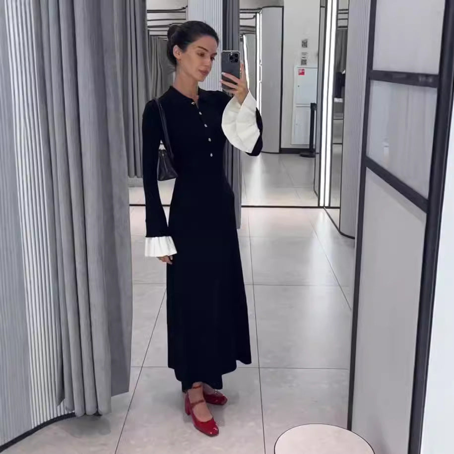 Dehaired Angora Covering Yarn Slimming Patchwork Long Sleeved Knitted Maxi Dress