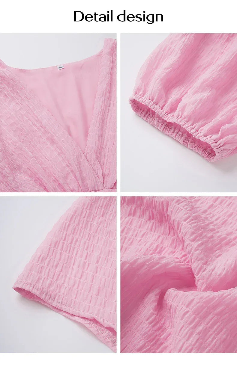 Ruched Pink Midi Summer Dress Puff Sleeve