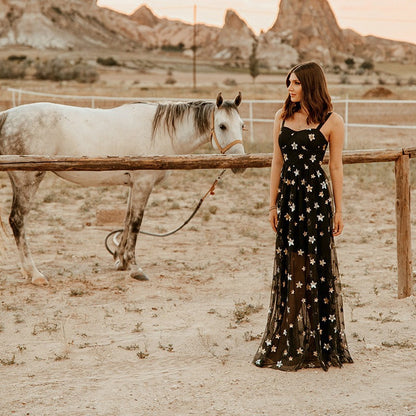 Star Print Mesh Overlay Sweetheart Spaghetti Strap Sheer Maxi Dress