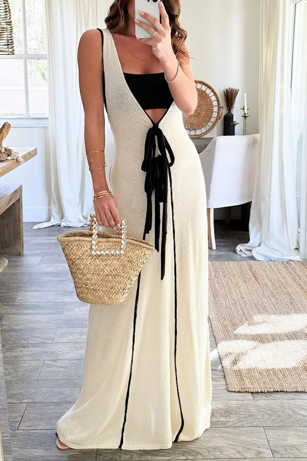 Boat Date Knit Contrast Self Tie Flowy Oversized Maxi Dress