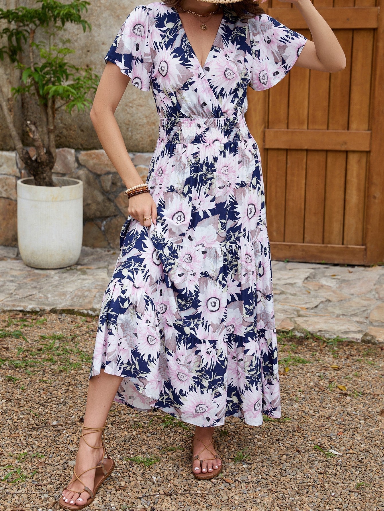 Large Floral Print Wrap V-Neck Smocked Waist Flutter Sleeve Tiered Maxi Dress