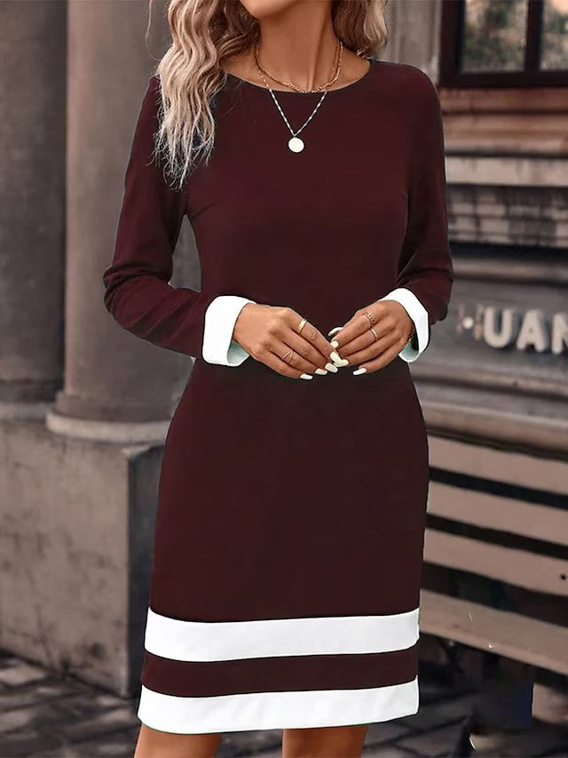 Contrast Cuff Color Block Crew Neck Long Sleeve Bodycon Mini Dress