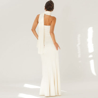 Fall Elegant Close Fitting Waist Mid Length Wrapped Chest Fish Hem Pattern Bottom Shawl Dress