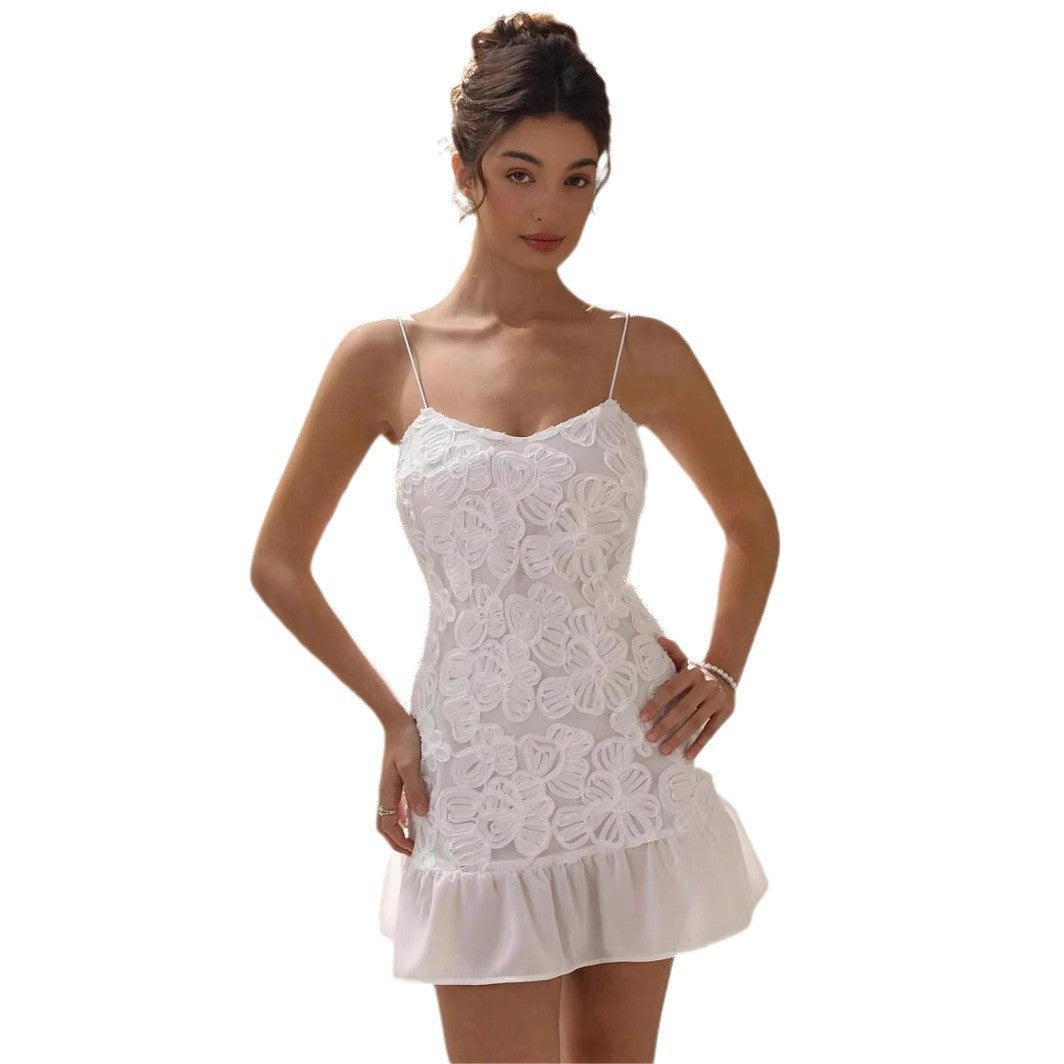 Floral Lace Appliqué Spaghetti Strap Ruffle Hem Bodycon Mini Dress