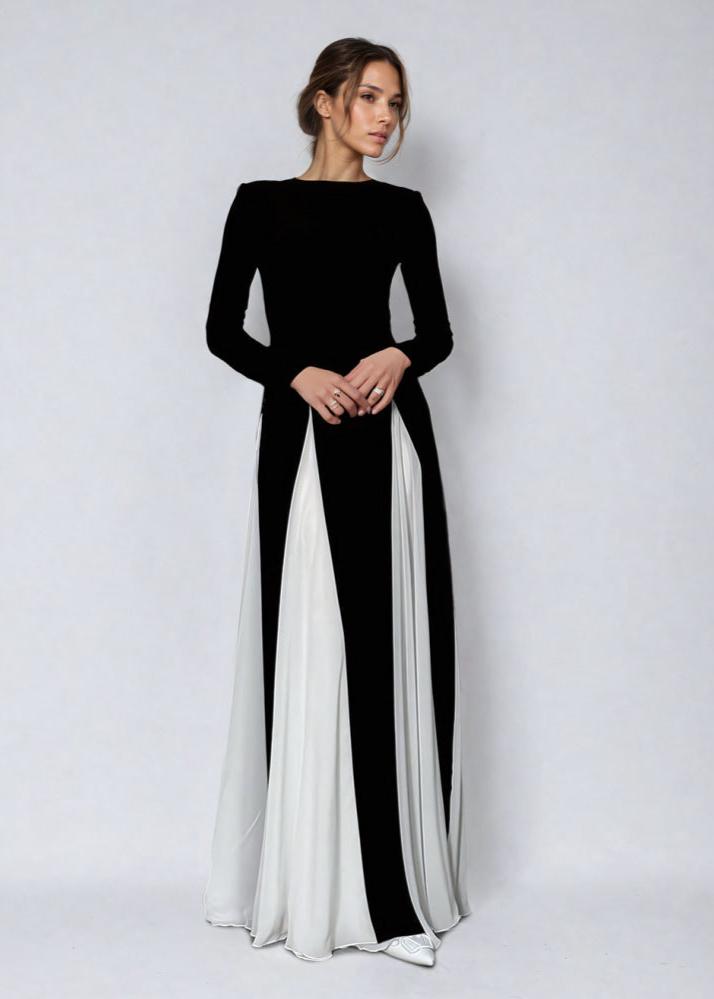 Crew Neck Long Sleeve Contrast Pleated Godet Panel Fit and Flare Maxi Dress