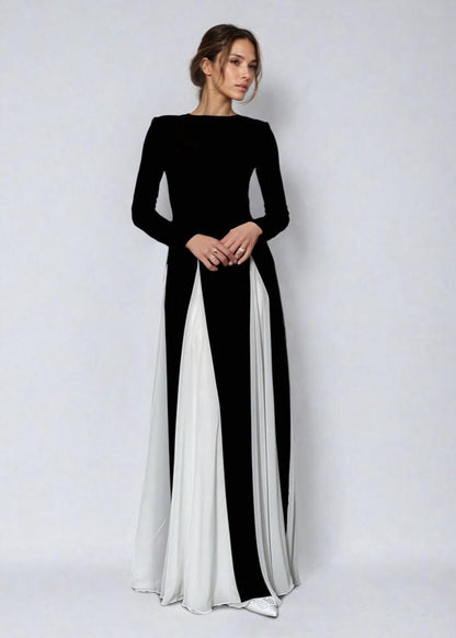 Crew Neck Long Sleeve Contrast Pleated Godet Panel Fit and Flare Maxi Dress