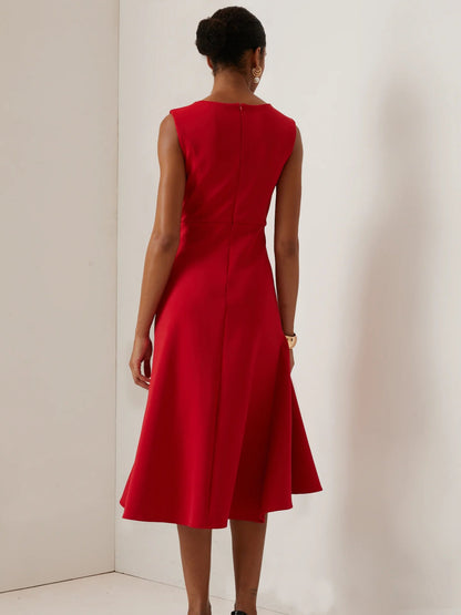 Jewel Neck Sleeveless Side Knot Draped Cascade Ruffle Fit and Flare Midi Dress