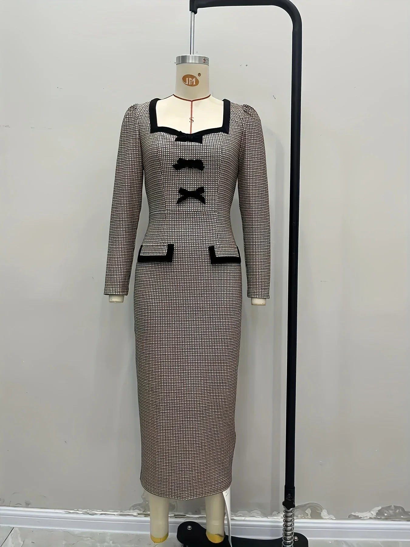 Plaid Midi Long Sleeve Dress with Bows and Square Neckline