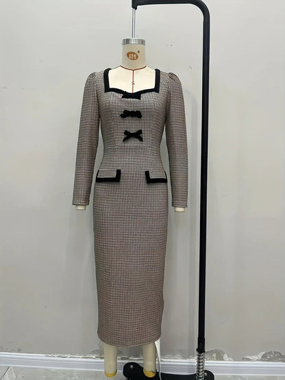 Plaid Midi Long Sleeve Dress with Bows and Square Neckline