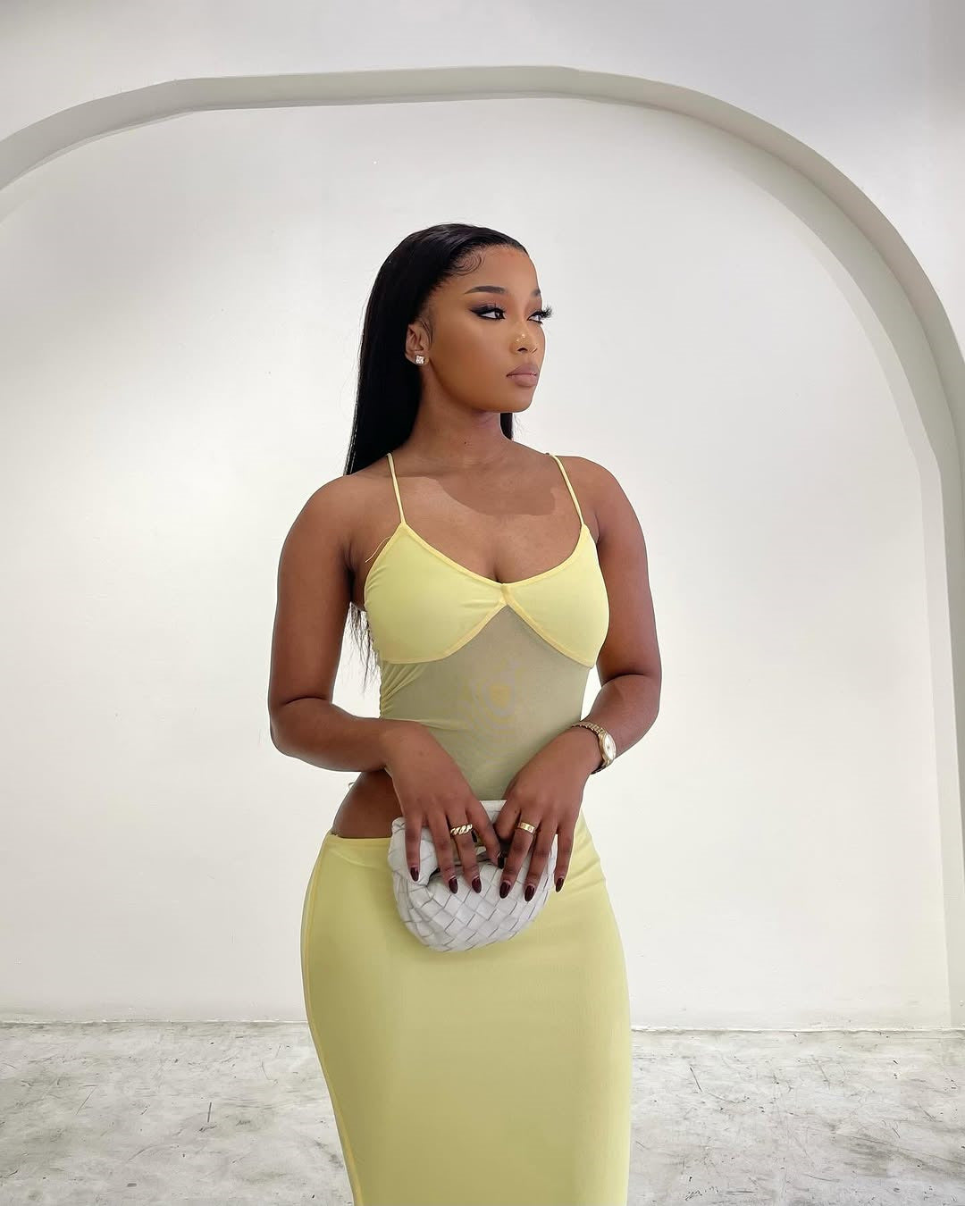 Yellow mesh backless bodycon maxi dress