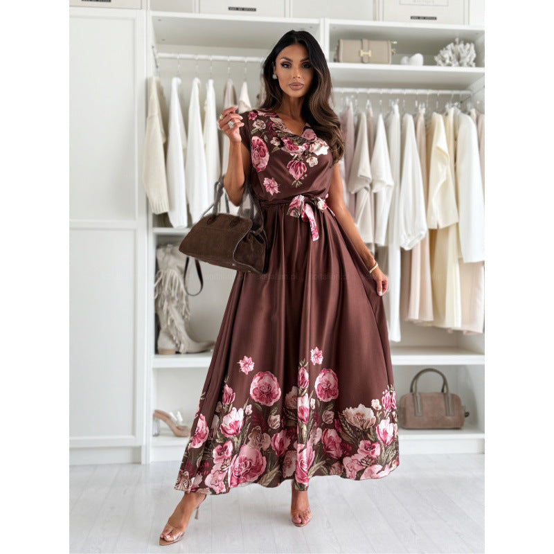 Oversized Floral Wrap V-Neck Belted High Slit Maxi Dress