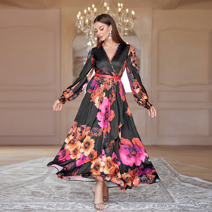 Fall V neck French High Waist Big Swing Dress with Belt