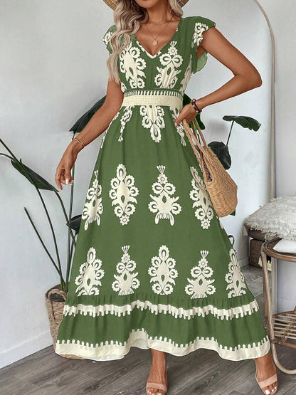 Ornamental Print V-Neck Cap Sleeve Smocked Waist Tiered Hem Boho Maxi Dress