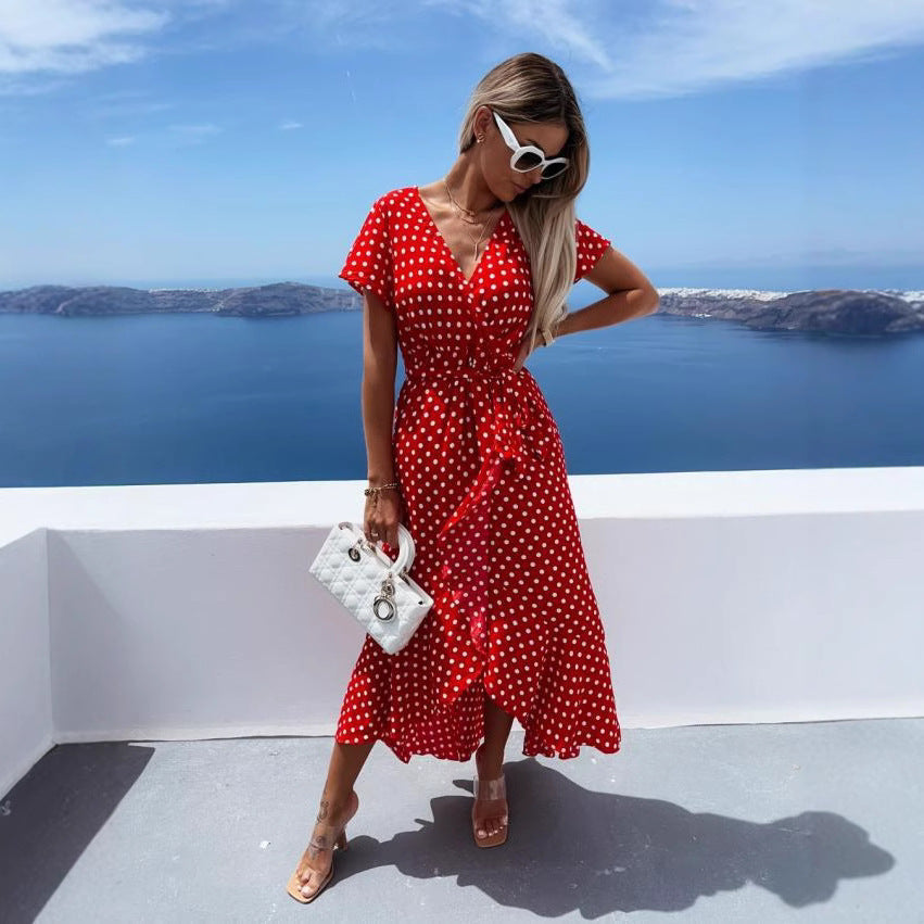 Polka Dot Print Surplice V-Neck Flutter Sleeve Asymmetrical Ruffle Hem Wrap Midi Dress