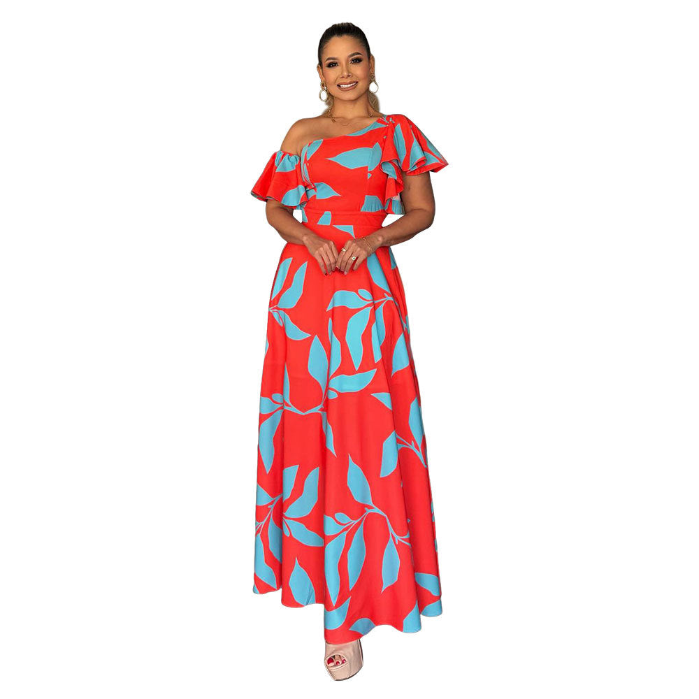 Printed Beveled off Shoulder Ruffled Sleeve Dress