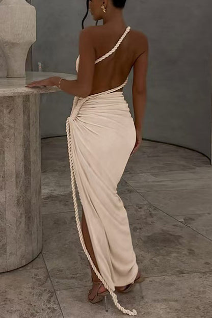Juliana Rope Detail Ruched One Shoulder Cutout Stretch Maxi Dress
