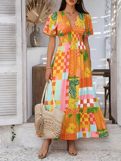 Tropical Floral Maxi Sun Dress for Women Orange
