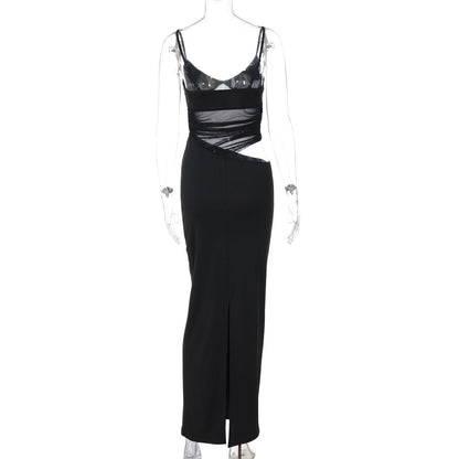 Patchwork Slit Mesh See through Sling Dress