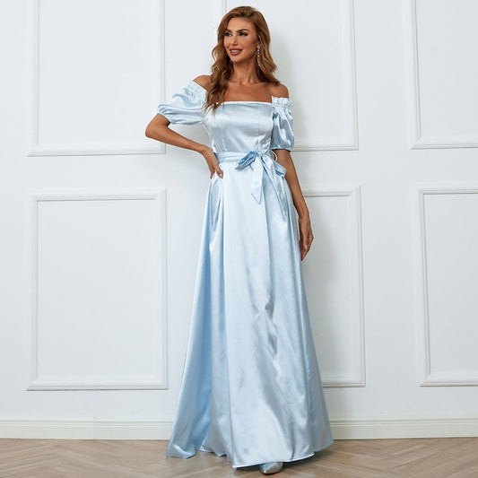 One-Neck Wedding Elegant High-End Mid-Length Wrapped Chest Evening Dress A- line Dress for Prom Formal Gown